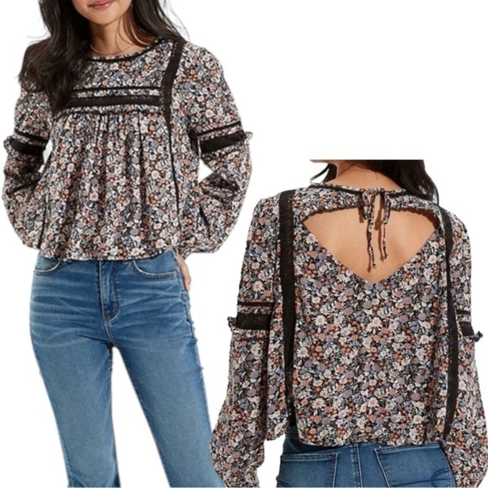 NEW American Eagle High Neck Babydoll Cottage Core Floral Lace Blouse